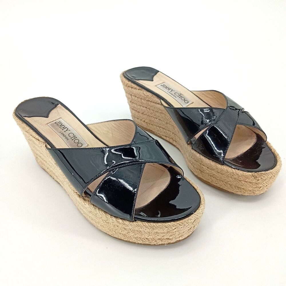 Jimmy Choo Black Patent Leather Espadrille Platform Wedge Mules Y2K 38